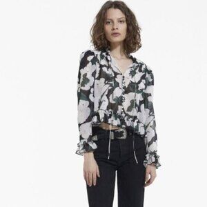 The Kooples Floral Printed Sheer Ruffled Blouse